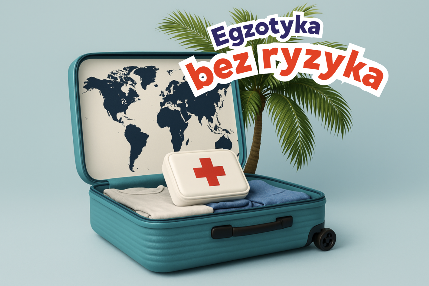 apteczka w walizce podróżnej na tle palmy